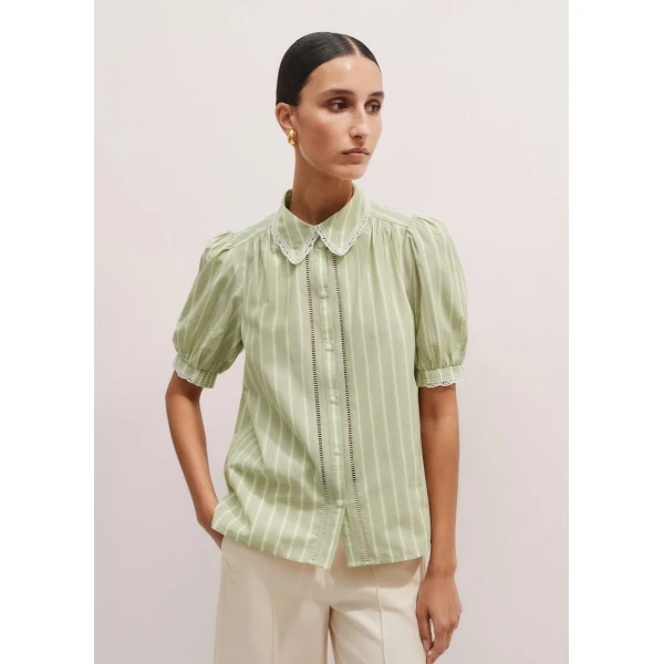 Me and Em Cotton Stripe Lace Trim Blouse – luxury British Green in Me and Em exclusively at Luxury Shoes 
