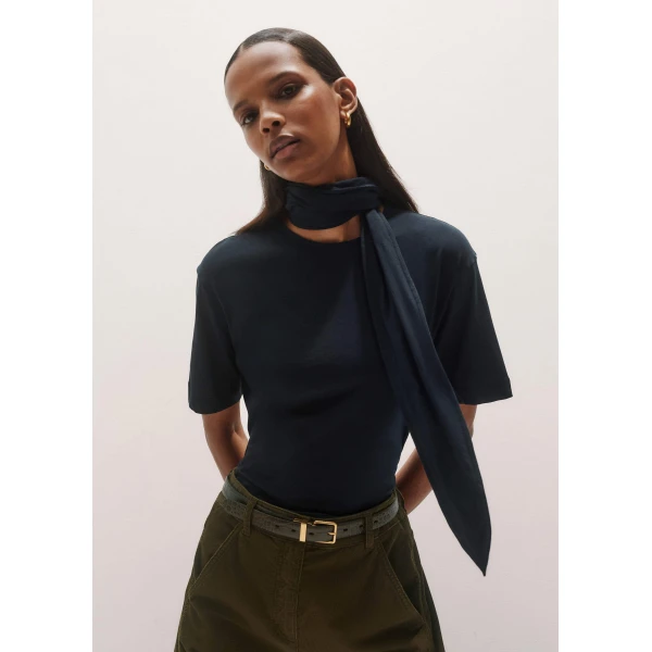 Me + Em Impossibly Soft Scarf Neck Classic Tee – luxury British Blue in Me and Em exclusively at Luxury Shoes 