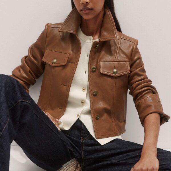 Me + Em Leather Utility Crop Jacket – luxury British Brown in Me and Em exclusively at Luxury Shoes 