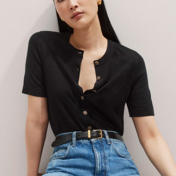 Me and Em Merino Cashmere Barely There Buttoned Knit Tee – luxury British Black in Me and Em exclusively at Luxury Shoes 