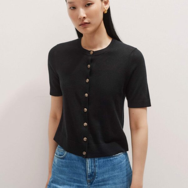 Me and Em Merino Cashmere Barely There Buttoned Knit Tee – luxury British Black in Me and Em exclusively at Luxury Shoes 