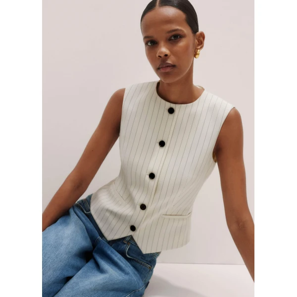 Me + Em Round Neck Pinstripe Tailored Vest – luxury British Ivory in Me and Em exclusively at Luxury Shoes 