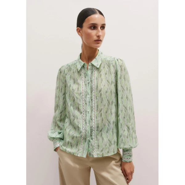 Me and Em Silk Cotton Climbing Feather Print Blouse – luxury British Green in Me and Em exclusively at Luxury Shoes 