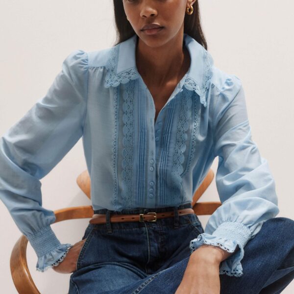 Me + Em Silk Cotton Lace Trim Straight Blouse – luxury British Blue in Me and Em exclusively at Luxury Shoes 