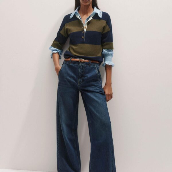 Me + Em Silk Cotton Lace Trim Straight Blouse – luxury British Blue in Me and Em exclusively at Luxury Shoes 