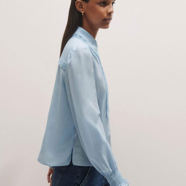 Me + Em Silk Cotton Lace Trim Straight Blouse – luxury British Blue in Me and Em exclusively at Luxury Shoes 