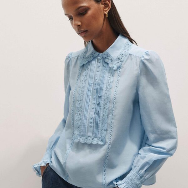 Me and Em Silk Cotton Lace Trim Straight Blouse – luxury British Blue in Me and Em exclusively at Luxury Shoes 