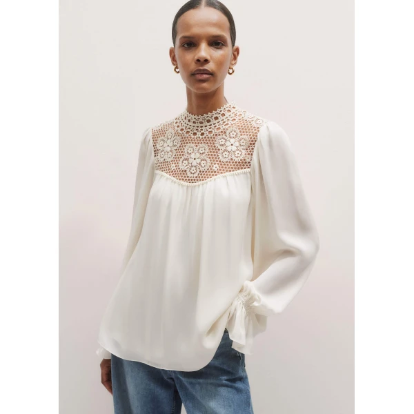 Me + Em Silk + Lace Long Sleeve Blouse – luxury British Ivory in Me and Em exclusively at Luxury Shoes 