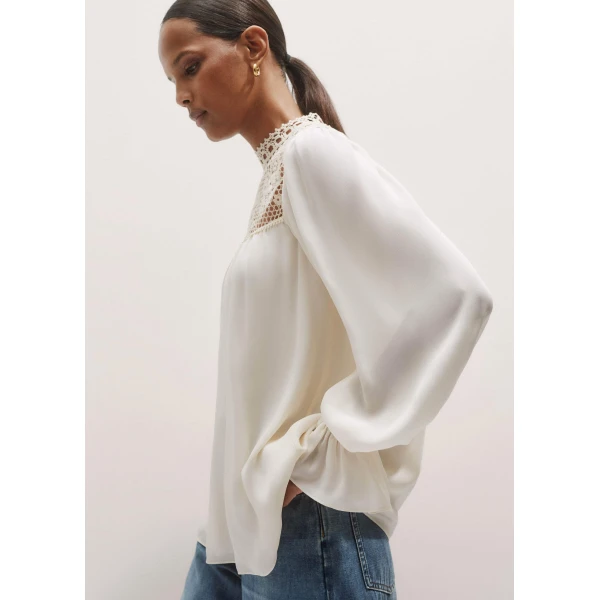 Me + Em Silk + Lace Long Sleeve Blouse – luxury British Ivory in Me and Em exclusively at Luxury Shoes 