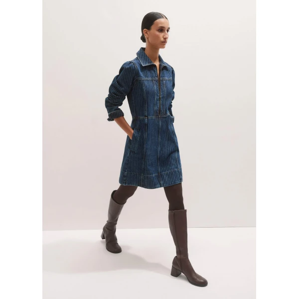 Me + Em Stripe Denim Zip Front Mini Dress – luxury British Blue in Me and Em exclusively at Luxury Shoes 