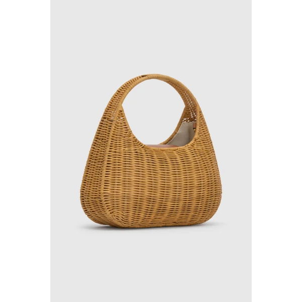 Back product shot of the Oroton Clara Wicker Mini Bag in Natural/Cognac and Woven wicker exterior for Women