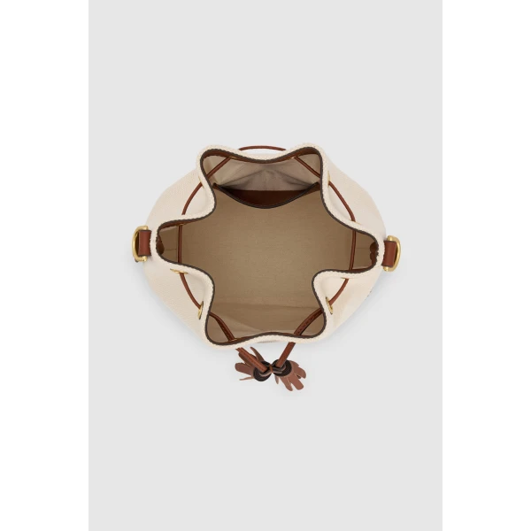 Internal product shot of the Oroton MAGGIE BUCKET CANVAS BROGUING in NATURAL/PENNY BROWN and Premium canvas material for Women