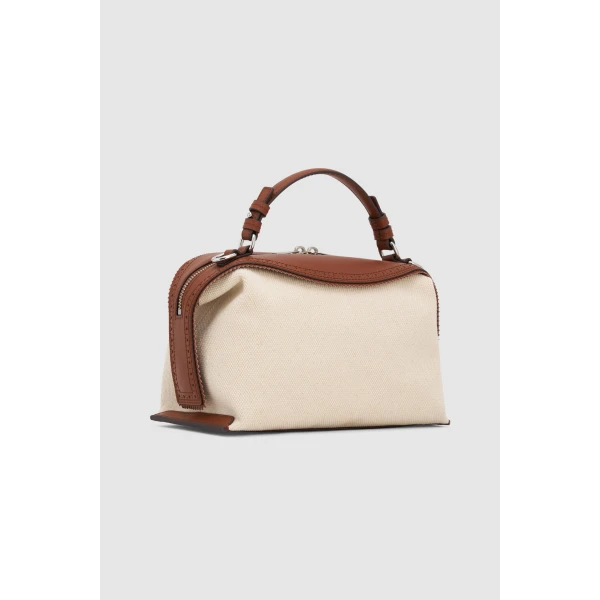 Back product shot of the Oroton MICA BOWLER CANVAS BROGUING in NATURAL/PENNY BROWN and Premium canvas material for Women