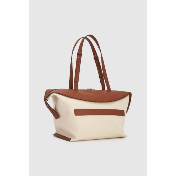 Back product shot of the Oroton MICA MEDIUM TOTE CANVAS BROGUING in NATURAL/PENNY BROWN and Premium canvas material for Women