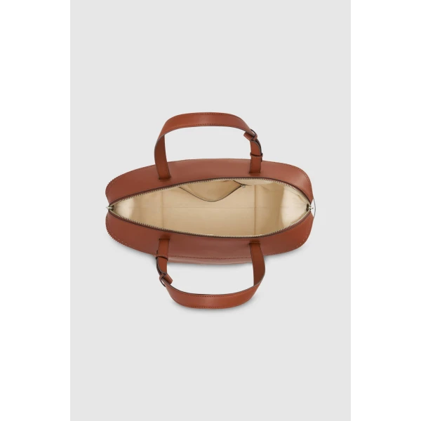 Internal product shot of the Oroton MICA MEDIUM TOTE CANVAS BROGUING in NATURAL/PENNY BROWN and Premium canvas material for Women