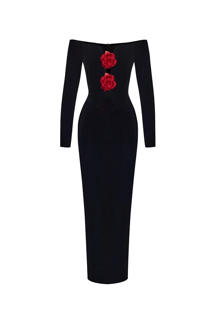 Rasario Velvet Midi Dress With Chiffon Red Flowers Rasario Velvet Dress – couture evening dress
