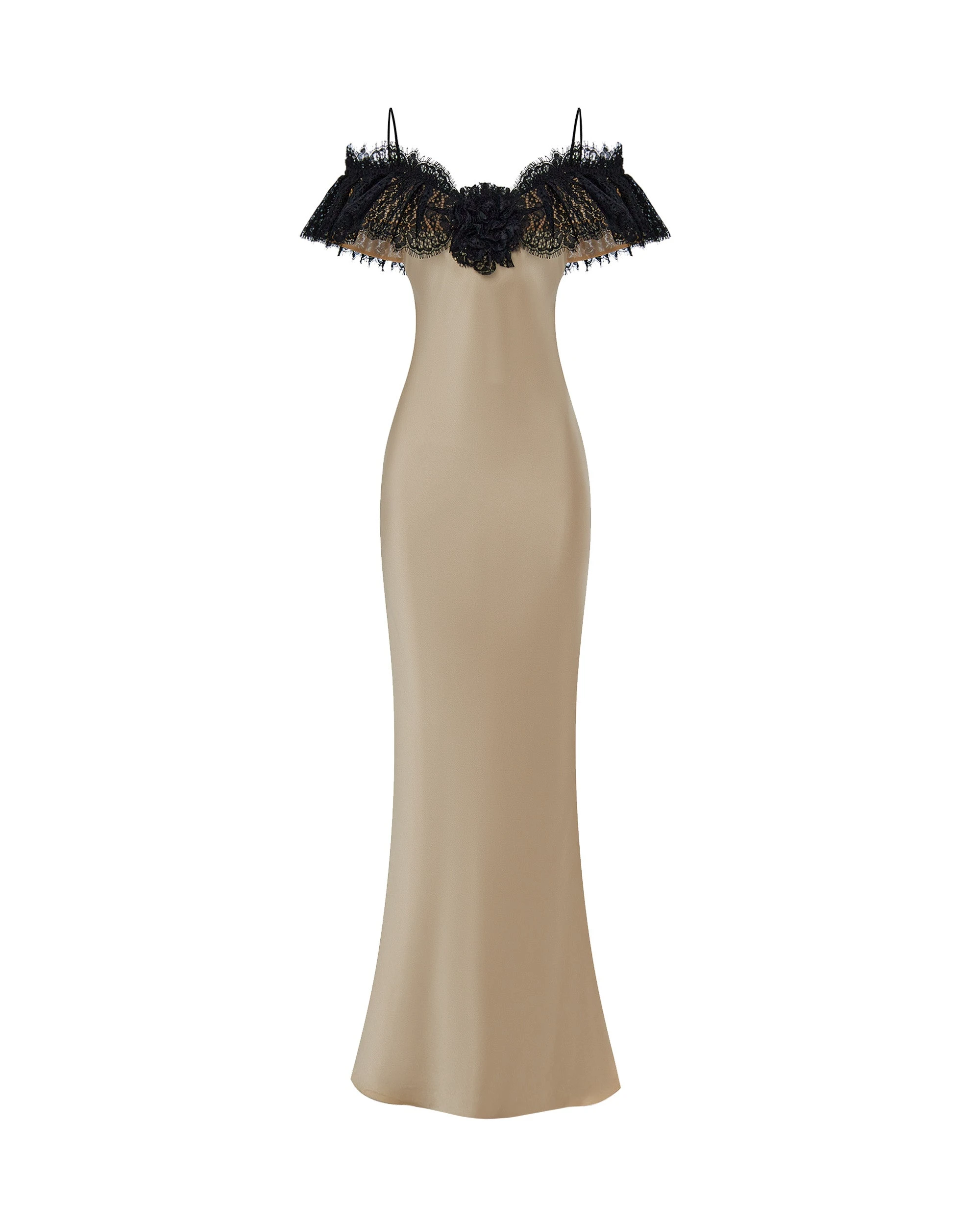 Rasario Satin And Lace Maxi Dress With A Flower Rasario Off-Shoulder Dress – couture evening dress