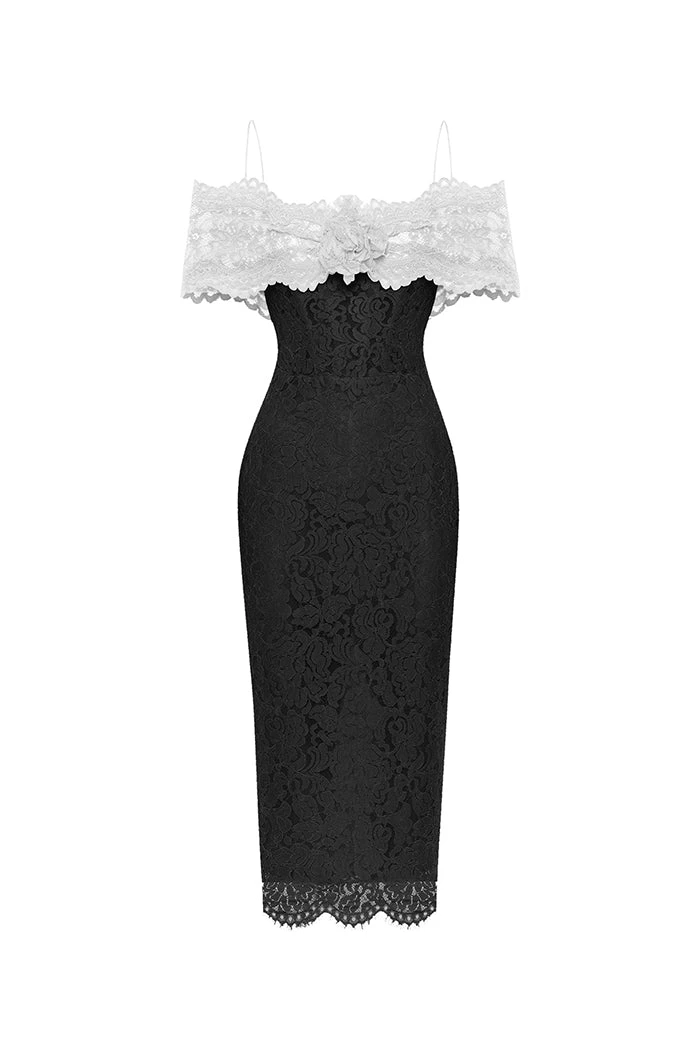 Rasario Lace Midi Dress With A Flower Rasario Lace Dress – couture evening dress