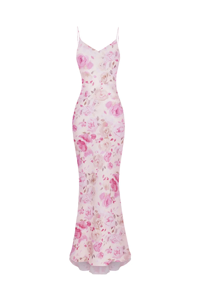Rasario Maxi Printed Satin Dress Rasario Floral – couture evening dress