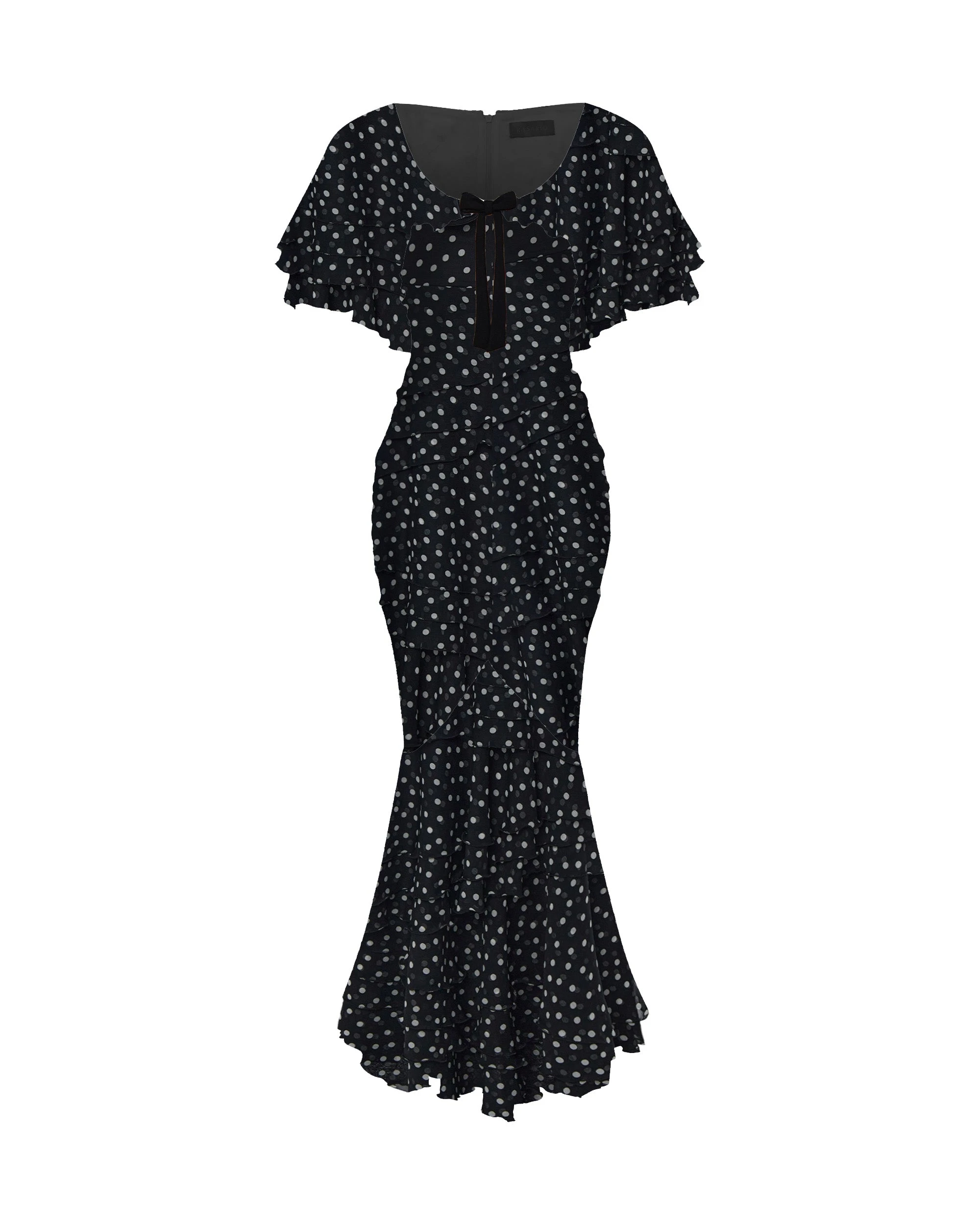 Rasario Printed Chiffon Maxi Dress With A Velvet Bow Rasario polka dot – couture evening dress