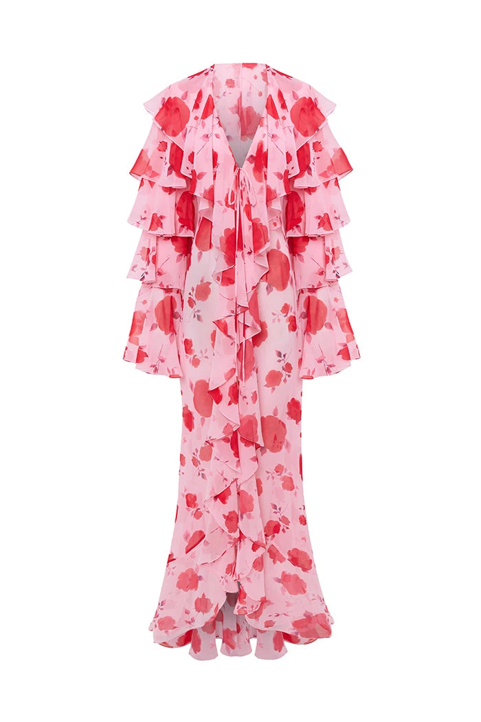 Rasario Printed Chiffon Maxi Gown With Flounces And Ties Rasario Floral Dress – couture evening dress