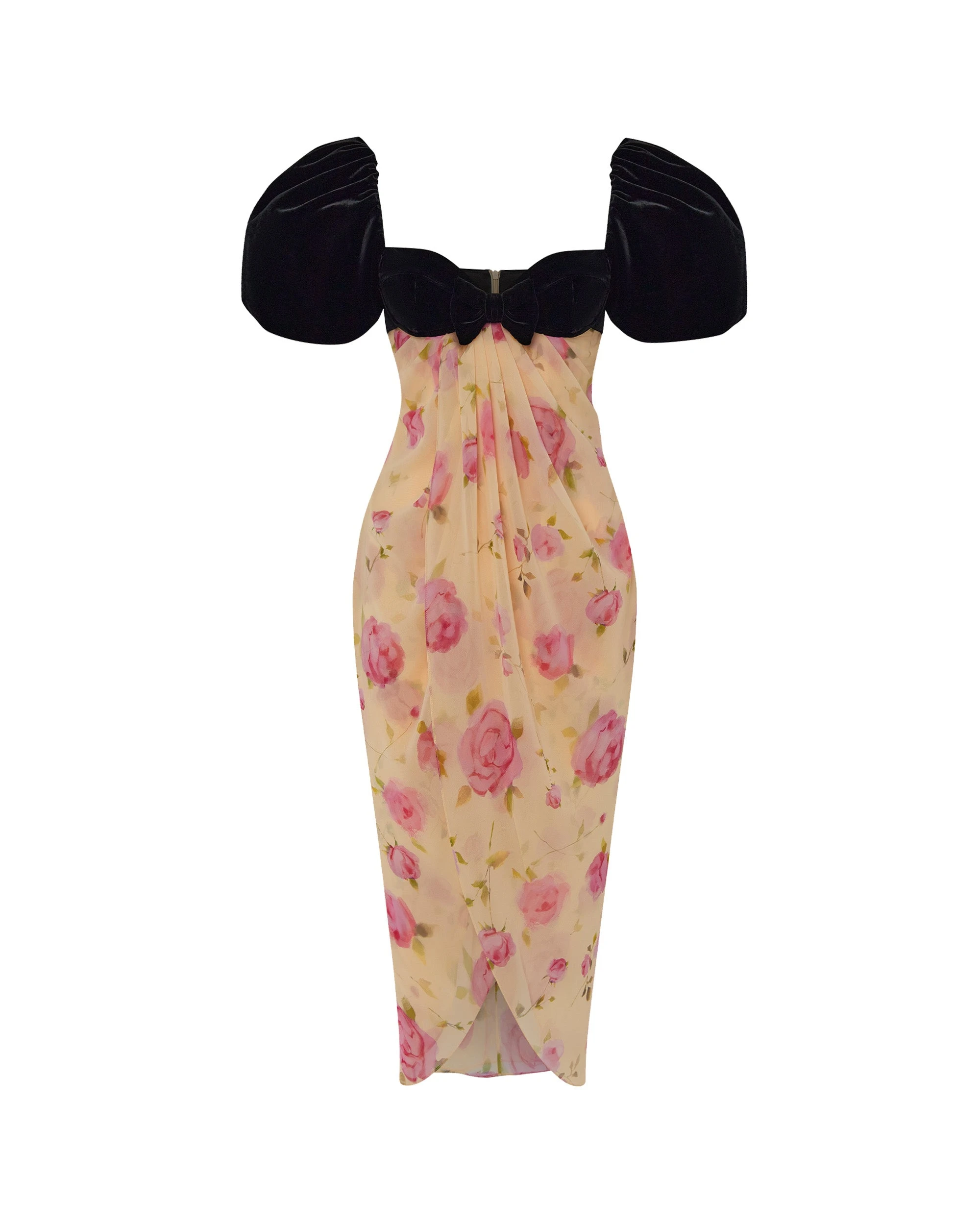 Rasario Printed Chiffon Midi Dress With Puff Sleeves Rasario Floral Dress – couture evening dress