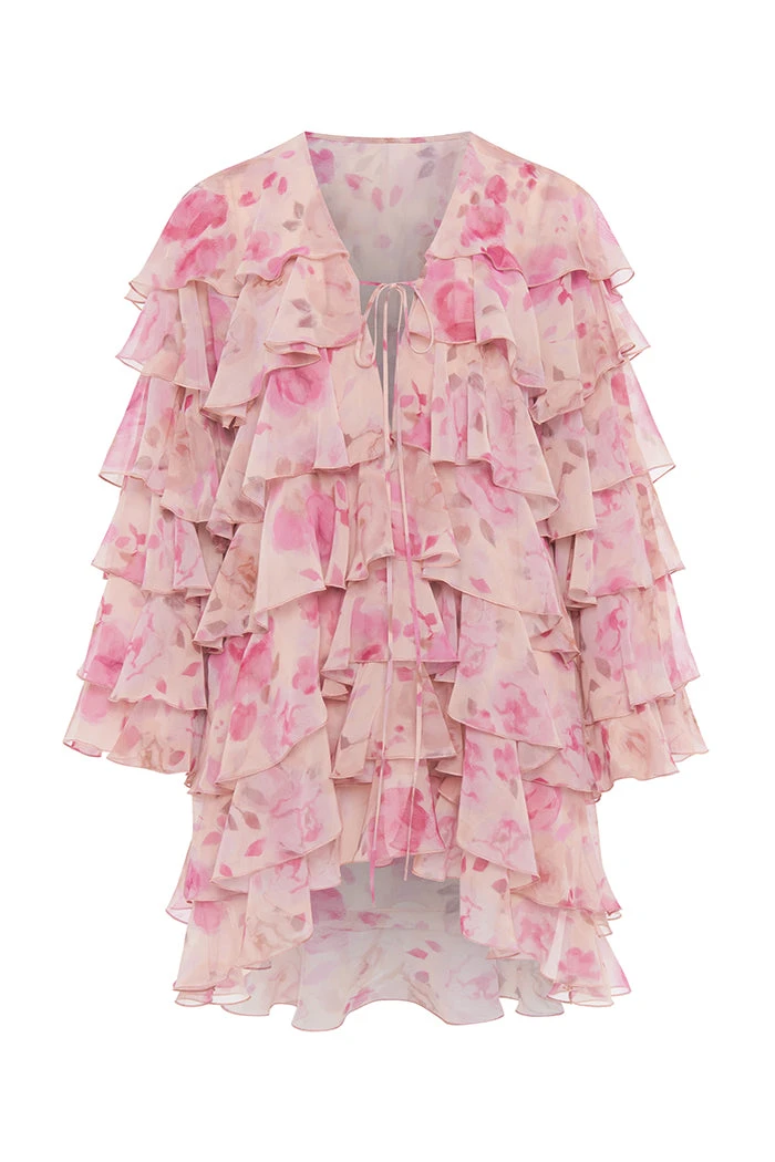 Rasario Printed Chiffon Mini Dress With Flounces Rasario Floral – couture evening dress