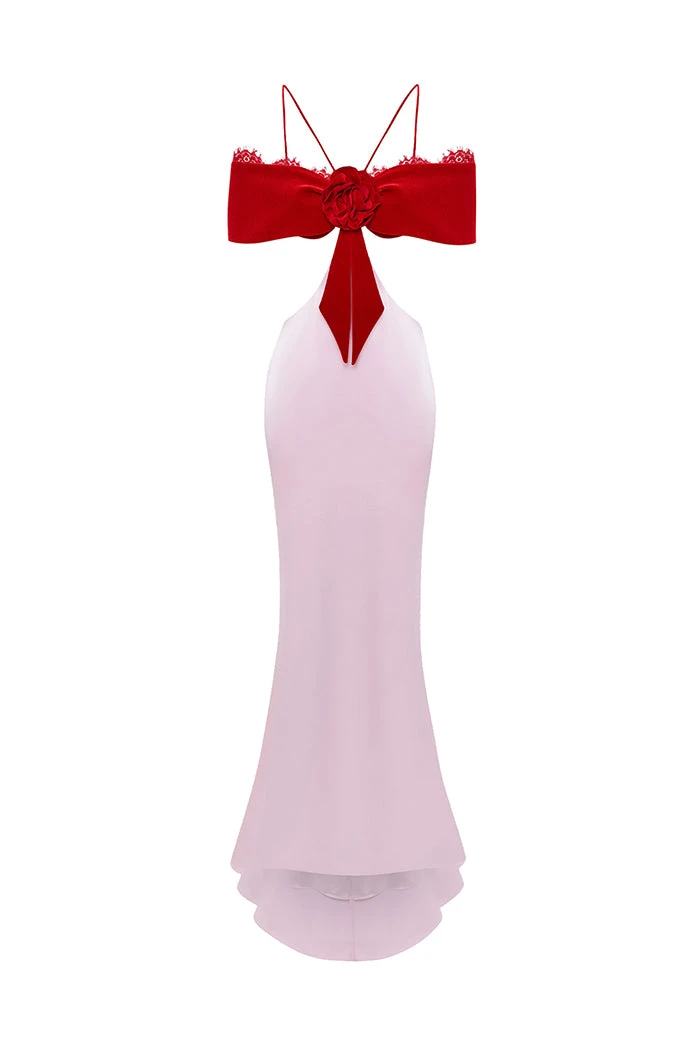 Rasario Satin And Velvet Maxi Dress With A Flower Rasario Satin Dress – couture evening dress