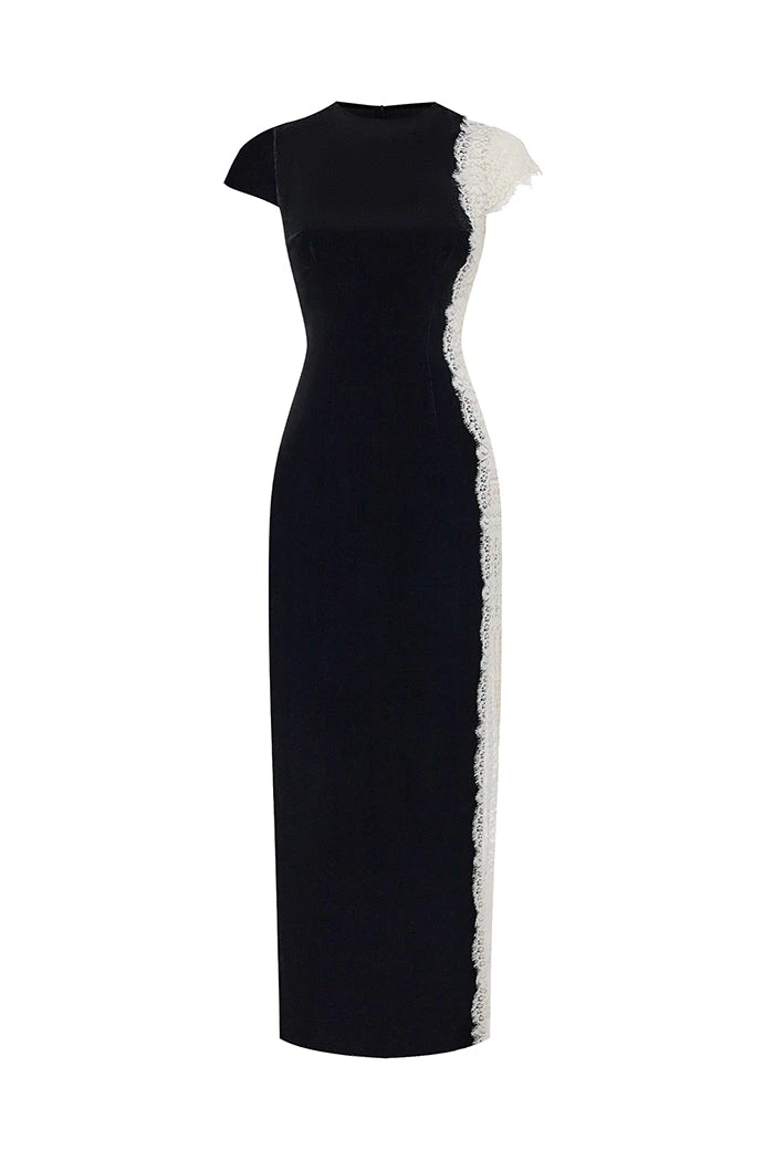 Rasario Velvet And Lace Midi Dress With A Side Slit Rasario Velvet Dress – couture evening dress