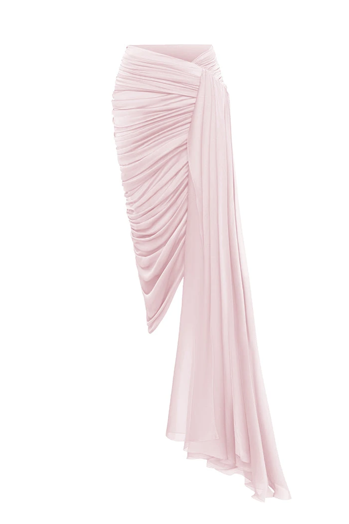Rasario Draped Chiffon Midi Skirt With A Side Train Rasario Draped Skirt – couture evening dress