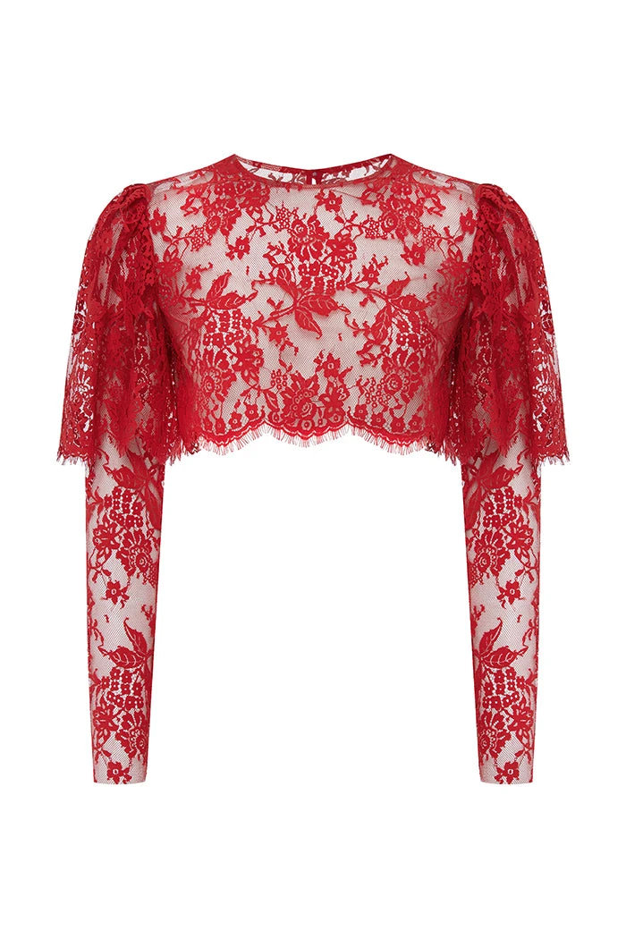 Rasario Cropped Lace Top With Sleeves Rasario Lace Top – couture evening dress