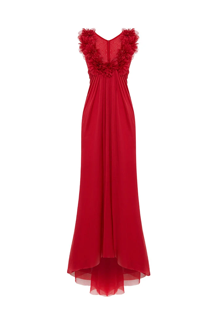 Rasario Draped Silk Chiffon Dress With Flowers And Train Rasario Draped Dress – couture evening dress