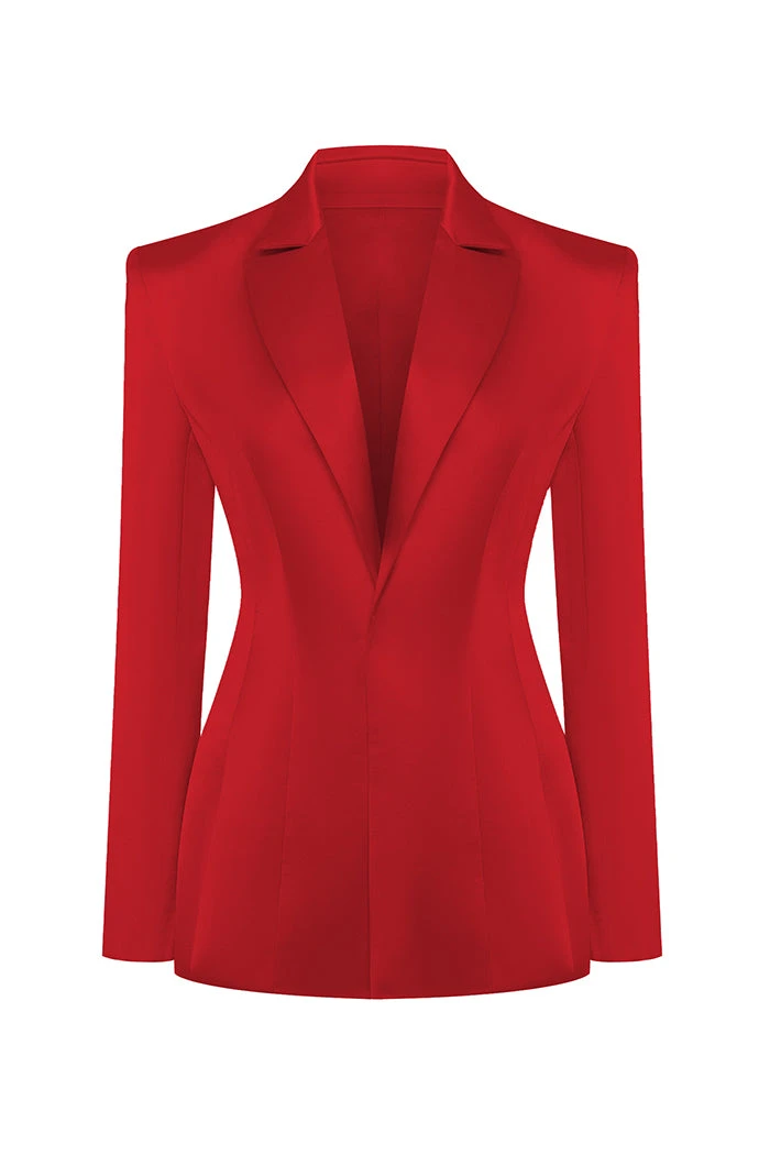 Rasario Single-Breasted Satin Jacket Rasario Satin Jacket – couture evening dress
