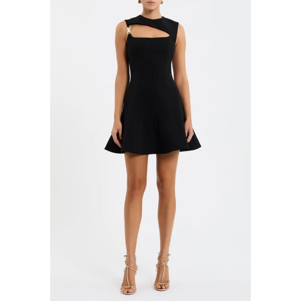 the chic fit and flare silhouette features an asymmetrical bodice and open neckline