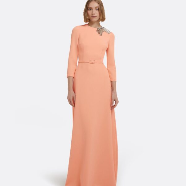 Aspen Long Dress In Apricot With Gunmetal Embellishment by Safiyaa ‚Äì luxury dresses in Orange available at Luxury Shoes 