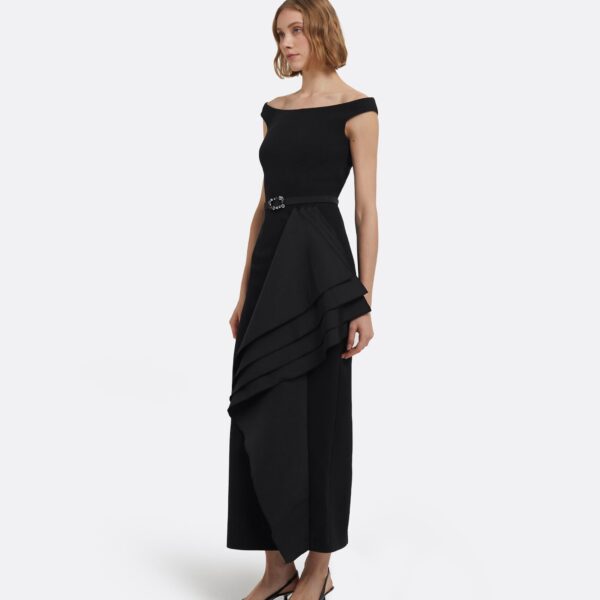 Bree Midi Dress In Black With Embellished Belt by Safiyaa ‚Äì luxury dresses in Black available at Luxury Shoes 