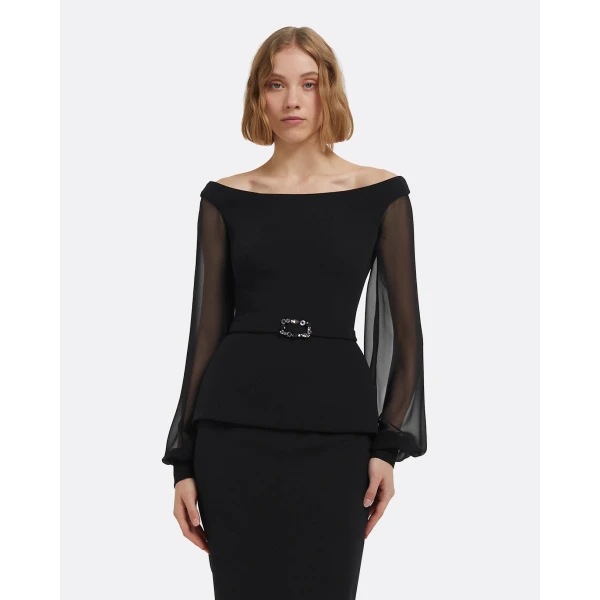 Breena Top In Black With Embellished Belt by Safiyaa ‚Äì luxury tops in Black available at Luxury Shoes 