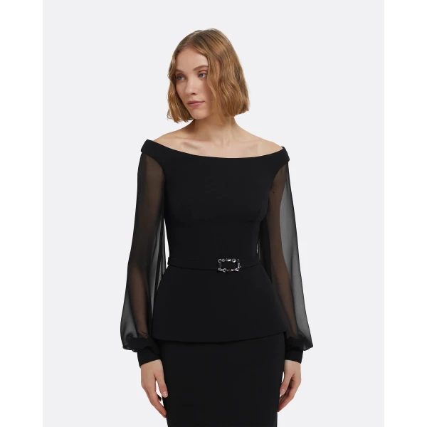 Breena Top In Black With Embellished Belt by Safiyaa ‚Äì luxury tops in Black available at Luxury Shoes 