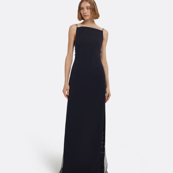 Leah Long Dress In Midnight Navy With Multi-Blues Embellishments by Safiyaa ‚Äì luxury dresses in Blue available at Luxury Shoes 