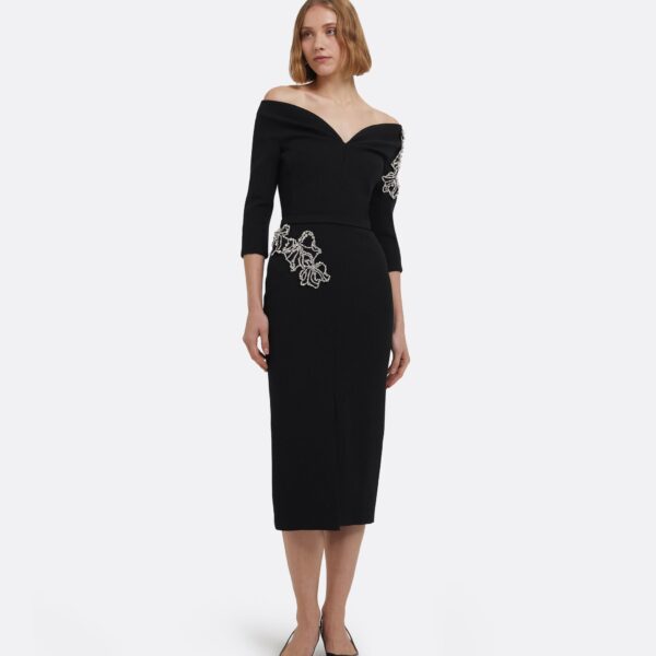 Linda Midi Dress In Black With Crystal Embellishments by Safiyaa ‚Äì luxury dresses in Black available at Luxury Shoes 