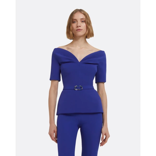 Lyddie Tops In Skiathos Blue With Multi-Blues Belt by Safiyaa ‚Äì luxury tops in Blue available at Luxury Shoes 
