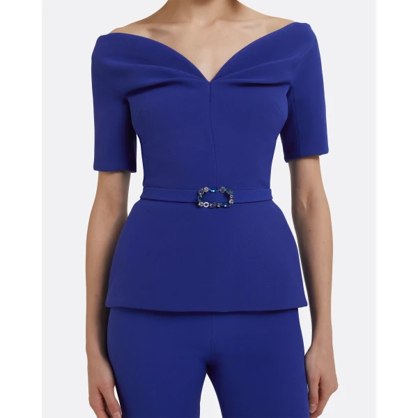 Lyddie Tops In Skiathos Blue With Multi-Blues Belt by Safiyaa ‚Äì luxury tops in Blue available at Luxury Shoes 