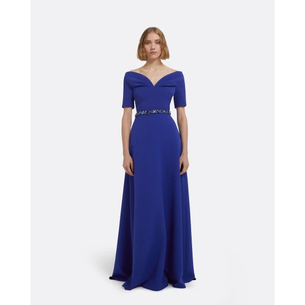 Lydia Long Dress In Skiathos Blue With Multi-Blues Belt by Safiyaa ‚Äì luxury dresses in Blue available at Luxury Shoes 