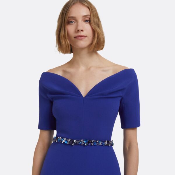 Lydia Long Dress In Skiathos Blue With Multi-Blues Belt by Safiyaa ‚Äì luxury dresses in Blue available at Luxury Shoes 