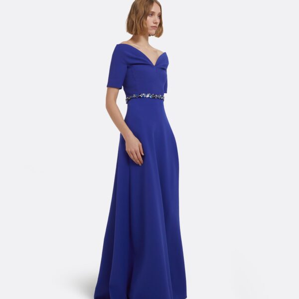 Lydia Long Dress In Skiathos Blue With Multi-Blues Belt by Safiyaa ‚Äì luxury dresses in Blue available at Luxury Shoes 