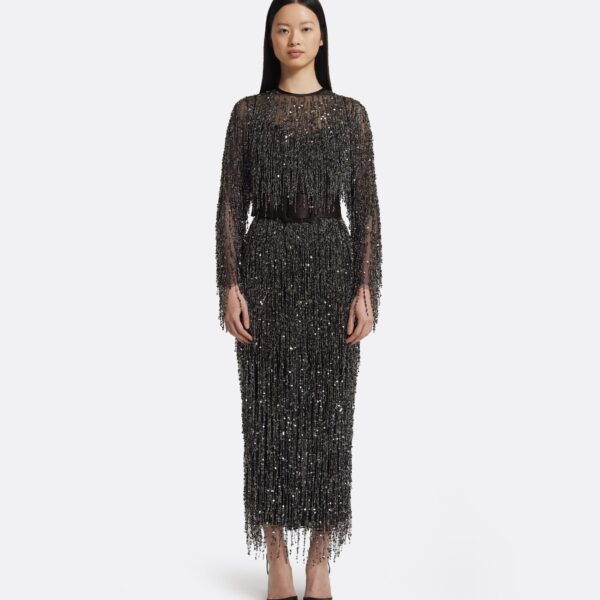 Lyran Midi Dress In Peat Brown On Black With Gunmetal by Safiyaa ‚Äì luxury dresses in Black available at Luxury Shoes 