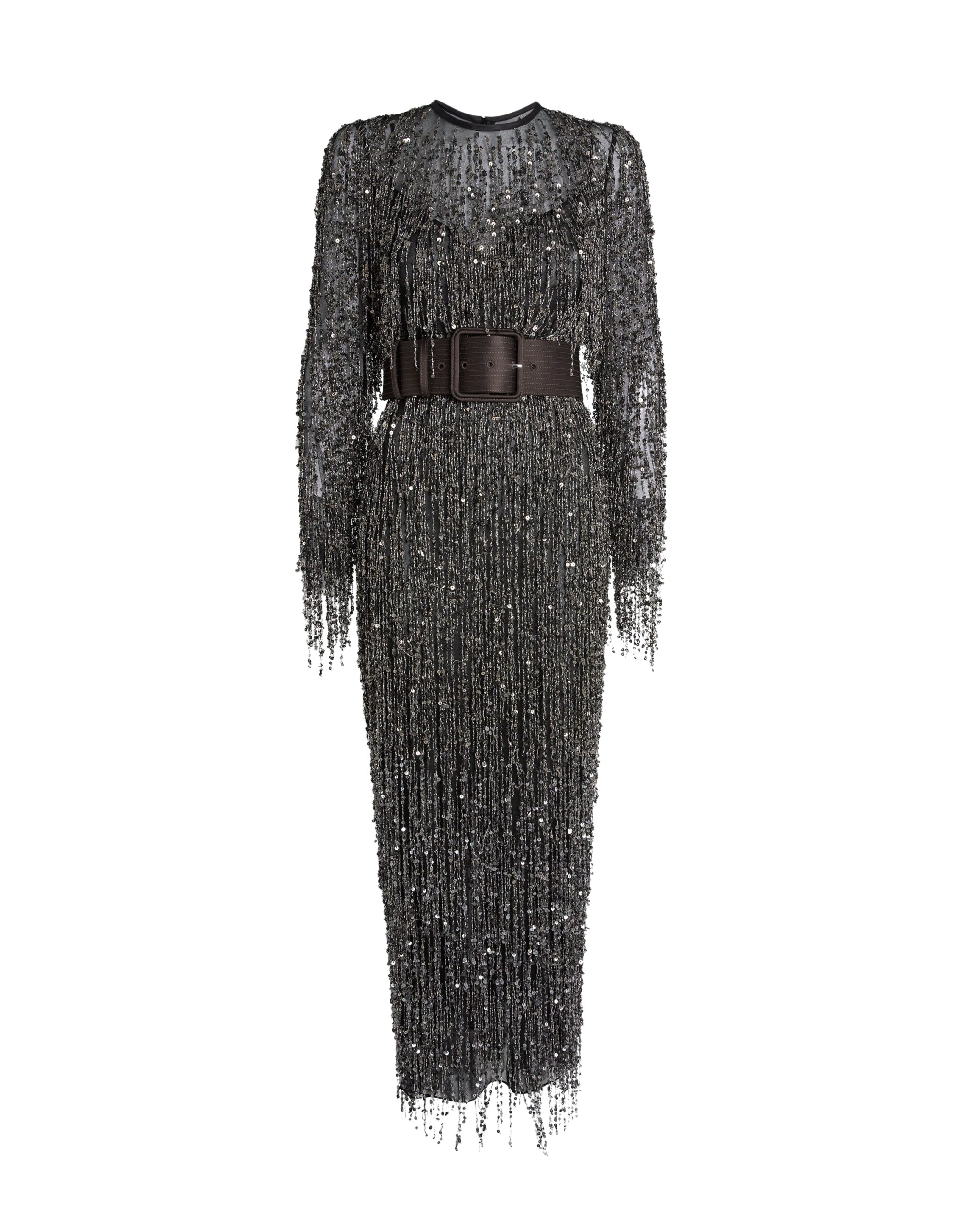 Safiyaa Lyran Midi Dress In Peat Brown On Black With Gunmetal