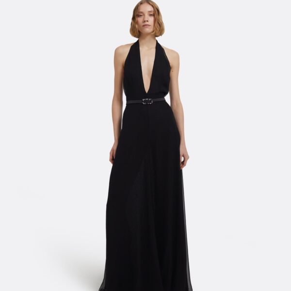 Morgana Long Dress In Black With Embellished Belt by Safiyaa ‚Äì luxury dresses in Black available at Luxury Shoes 