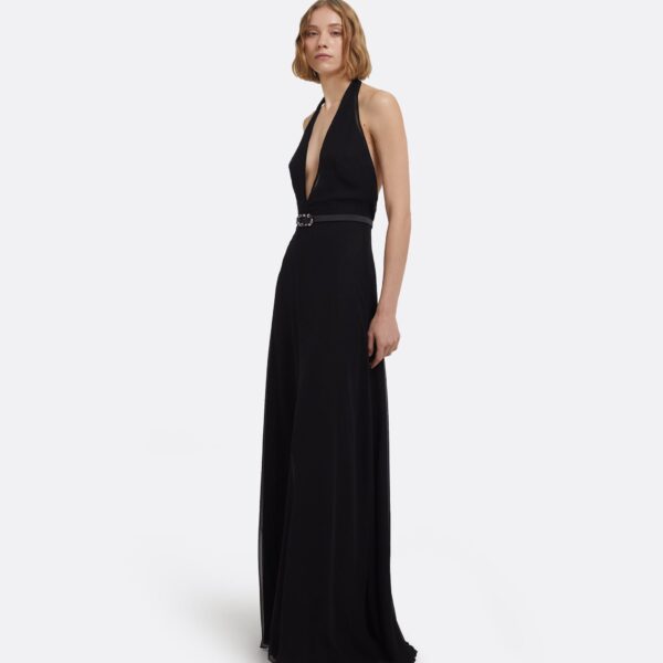Morgana Long Dress In Black With Embellished Belt by Safiyaa ‚Äì luxury dresses in Black available at Luxury Shoes 