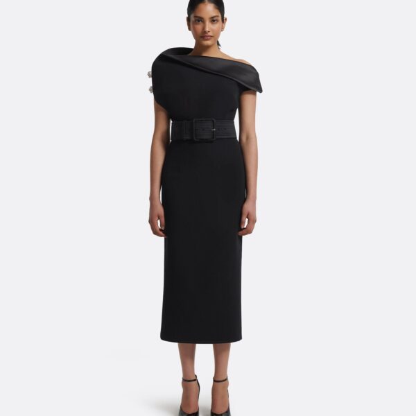 Reina Dress In Black With Crystal And Belt by Safiyaa ‚Äì luxury dresses in Black available at Luxury Shoes 